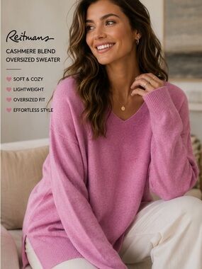 Reitmans Pink V-Neck Cashmere-Blend Oversized Sweater Size S Relaxed Fit